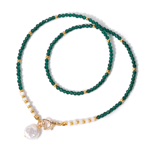 18K Gold Plated Stainless Steel Natural Stone Bead & Faux Pearl Pendant Necklace – 45cm