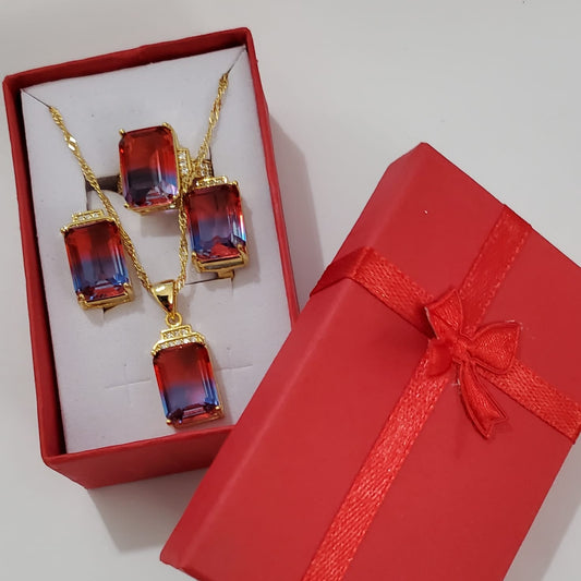 18K Gold Plated Stainless Steel Blue & Red Gradient 3-Piece Jewelry Set