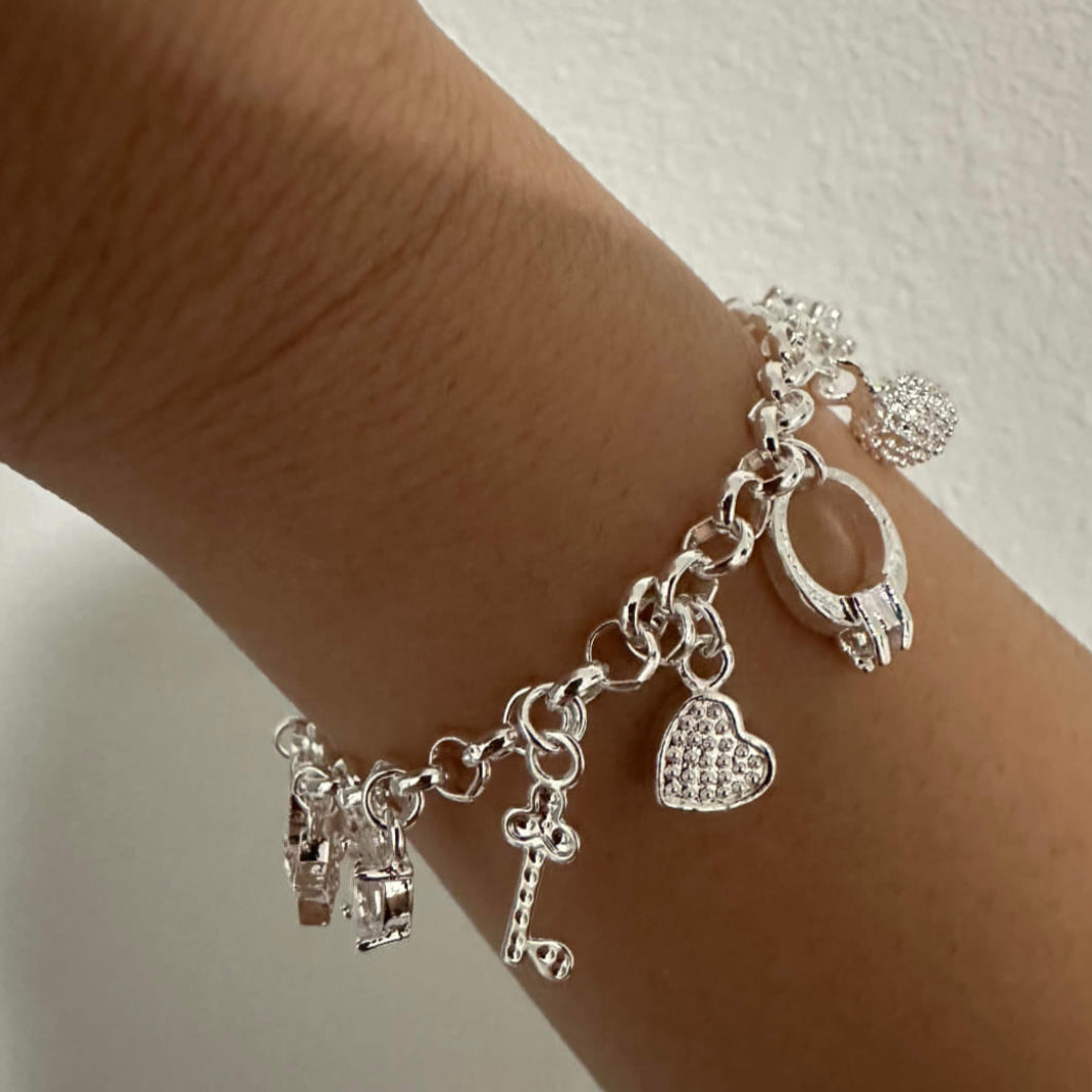 S925 Sterling Silver 12-Charm Mixed 2-Piece Jewelry Set – Necklace & Bracelet