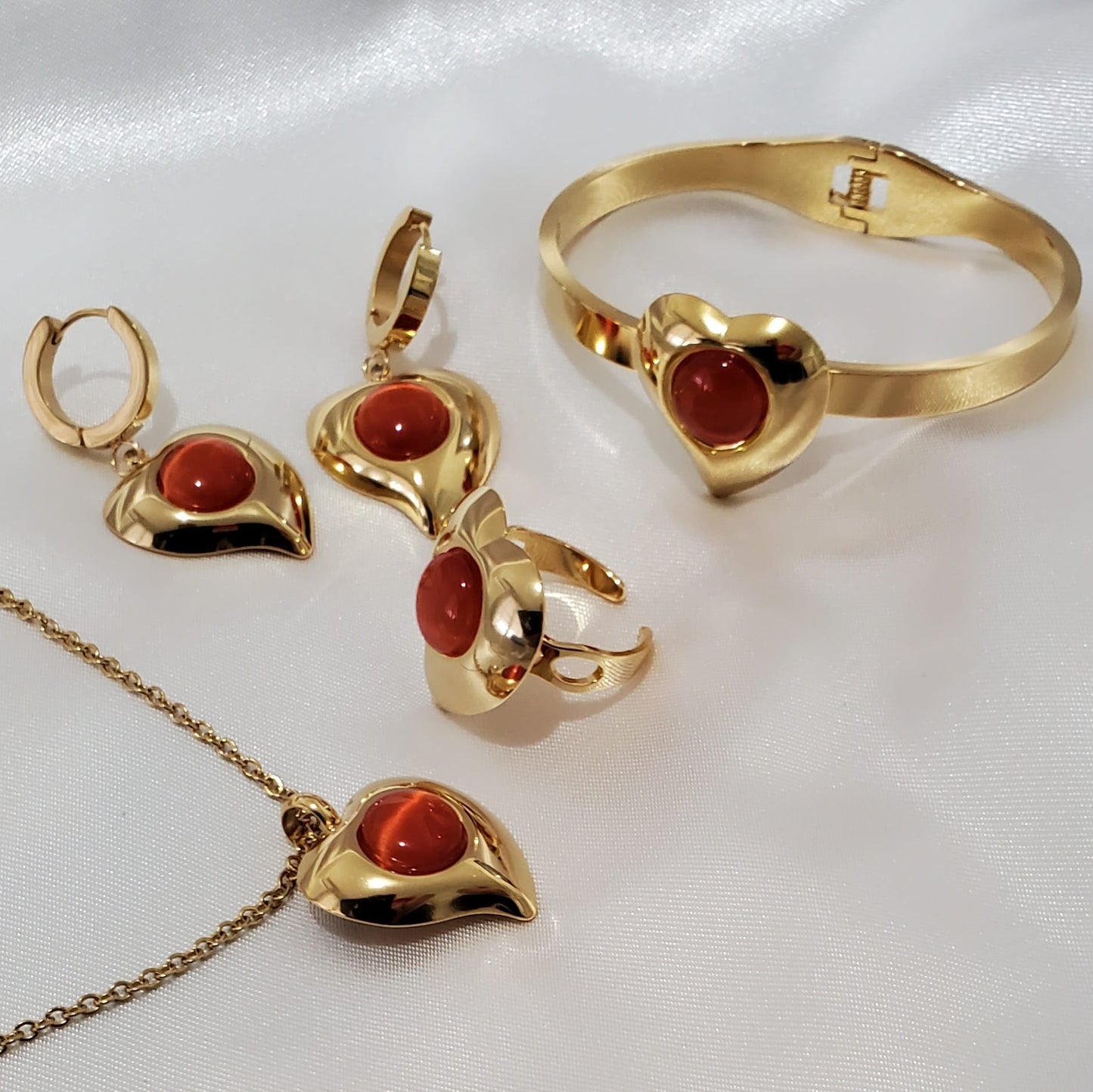 18K Gold Plated Stainless Steel Red Heart 4-Piece Jewelry Set