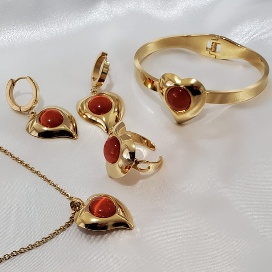18K Gold Plated Stainless Steel Red Heart 4-Piece Jewelry Set