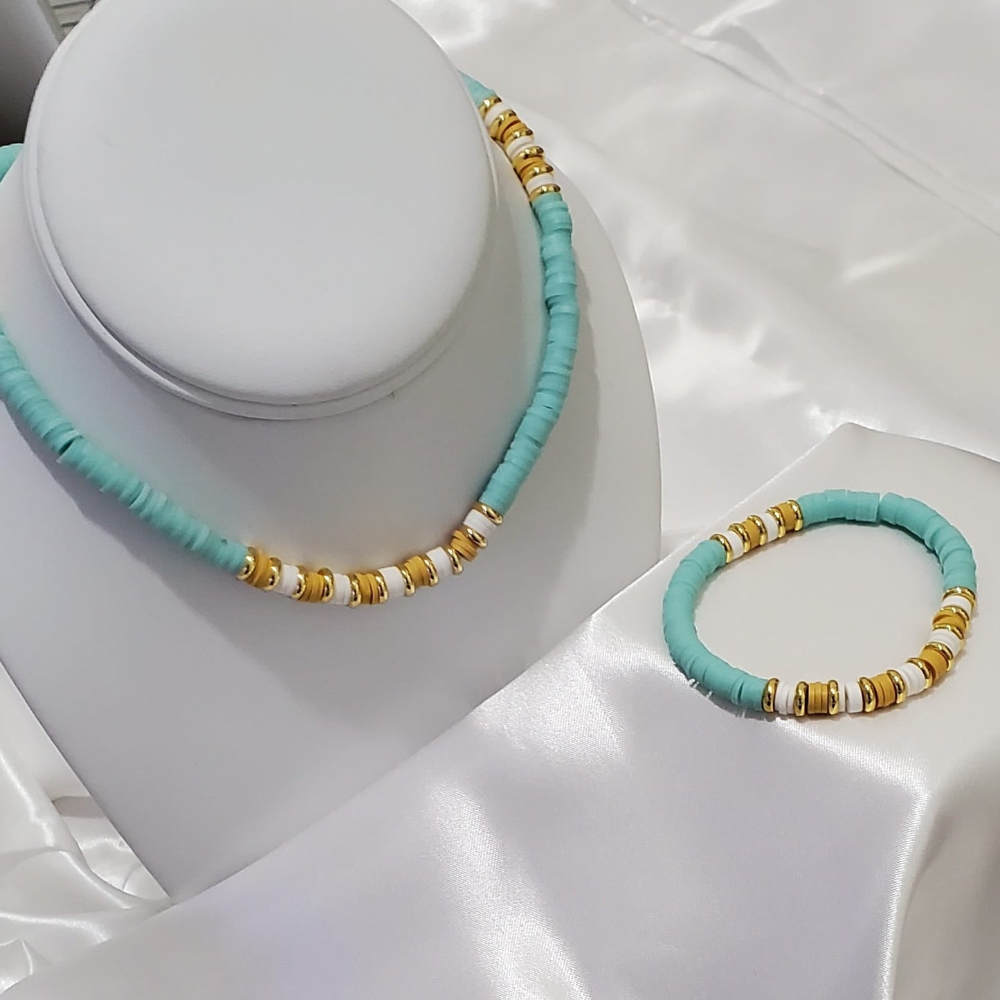 18K Gold Plated Heishi Beads Choker & Bracelet Set | Summer Polymer Clay Jewelry