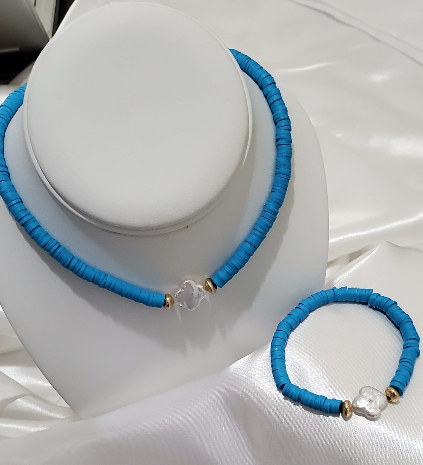 18K Gold Plated Heishi Beads Choker & Bracelet Set | Summer Polymer Clay Jewelry