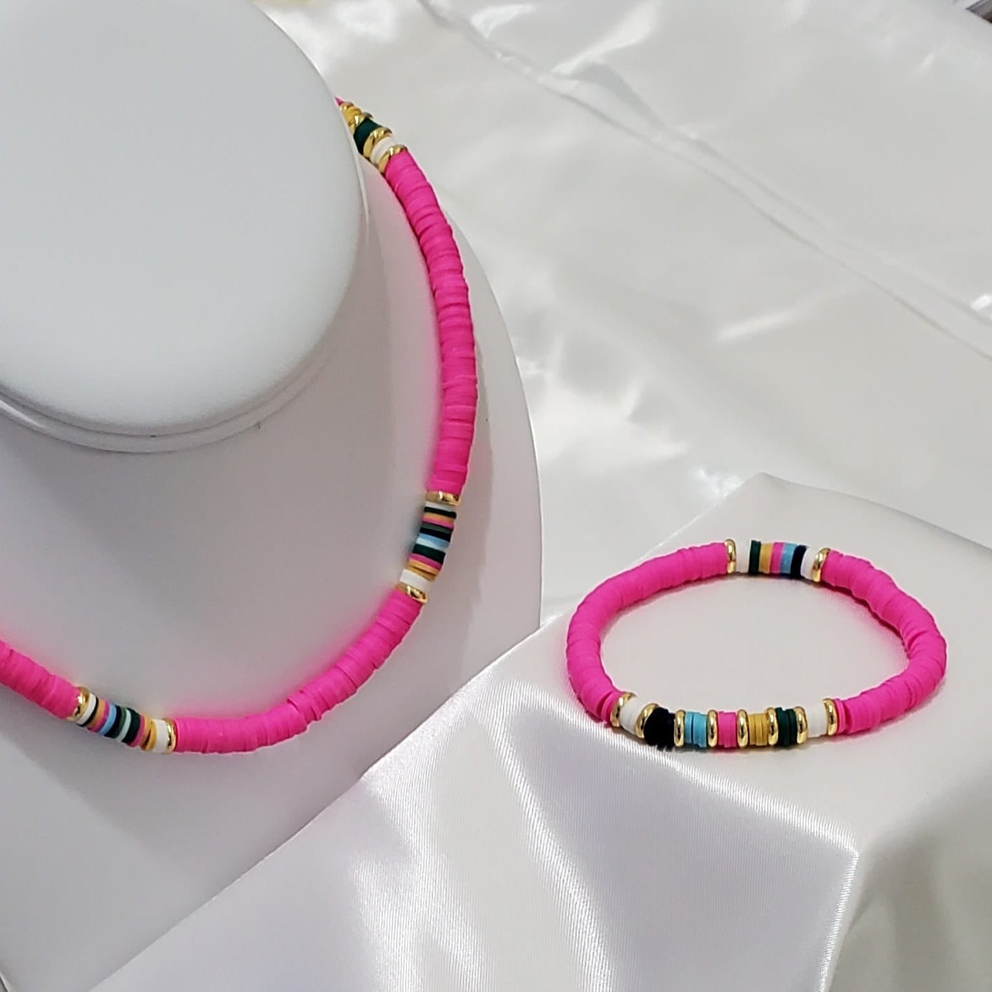 18K Gold Plated Heishi Beads Choker & Bracelet Set | Summer Polymer Clay Jewelry