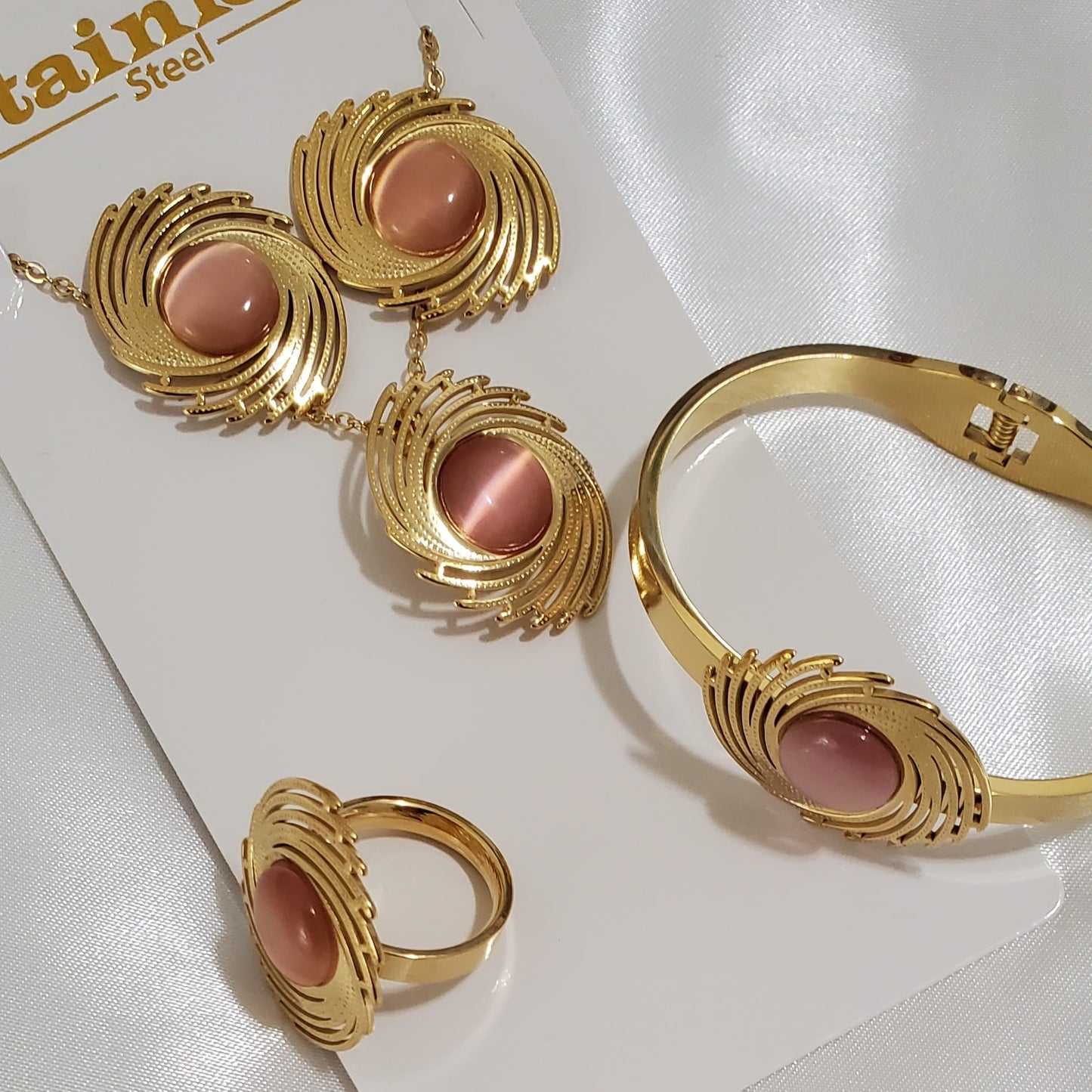 18K Gold Plated Swirl Jewelry Set | 4pcs Stainless Steel | Necklace, Earrings, Ring & Bracelet