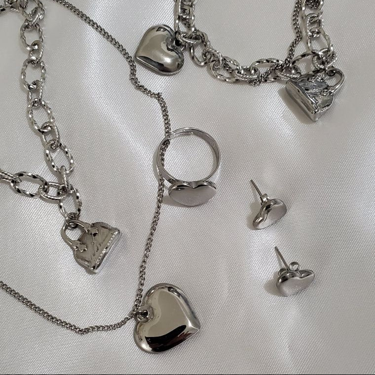 4pcs Stainless Steel Jewelry Set | Double Chain Necklace, Earrings, Ring & Bracelet