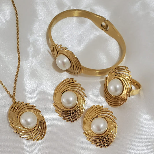 18K Gold Plated Swirl Jewelry Set | 4pcs Stainless Steel | Necklace, Earrings, Ring & Bracelet