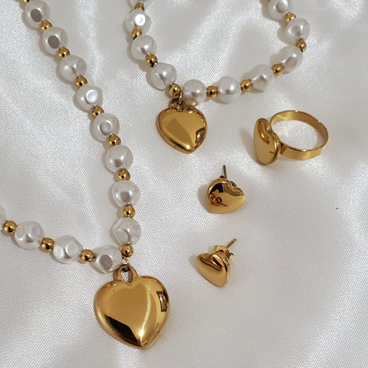 18K Gold Plated Pearl Heart Jewelry Set | Necklace, Bracelet, Ring & Mini Earrings 4pcs