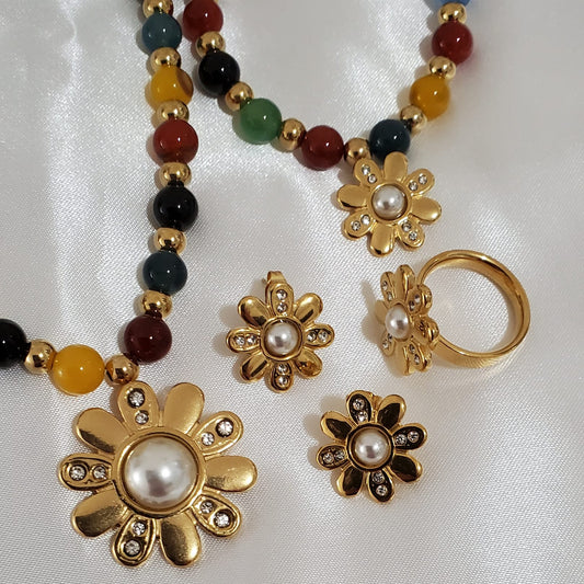 Multicolor Semi-Precious Pearl Jewelry Set | 4pcs | Flower Charm, Pearls & Simulated Diamonds