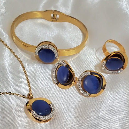 Navy Blue & Gold Jewelry Set | 4pcs with Simulated Diamond Details | Necklace, Earrings, Bracelet & Ring