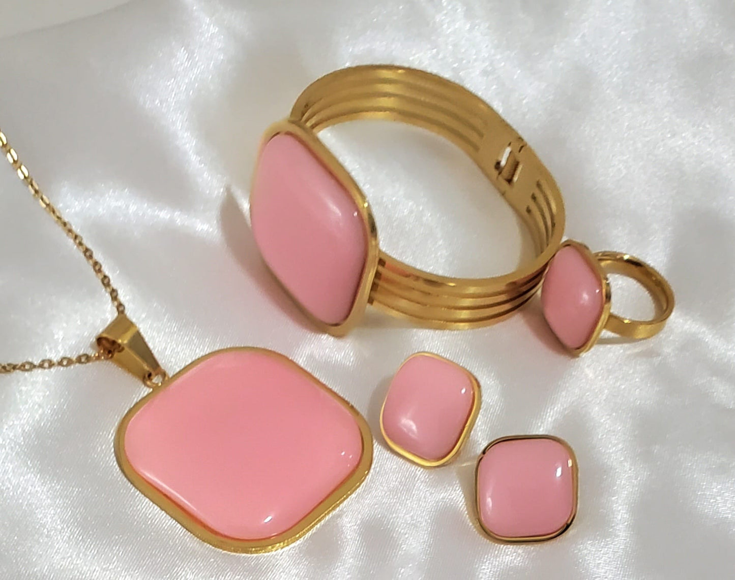 18K Gold Plated Stainless Steel Enamel Jewelry Set – Necklace, Bracelet & Ring | Multiple Colors