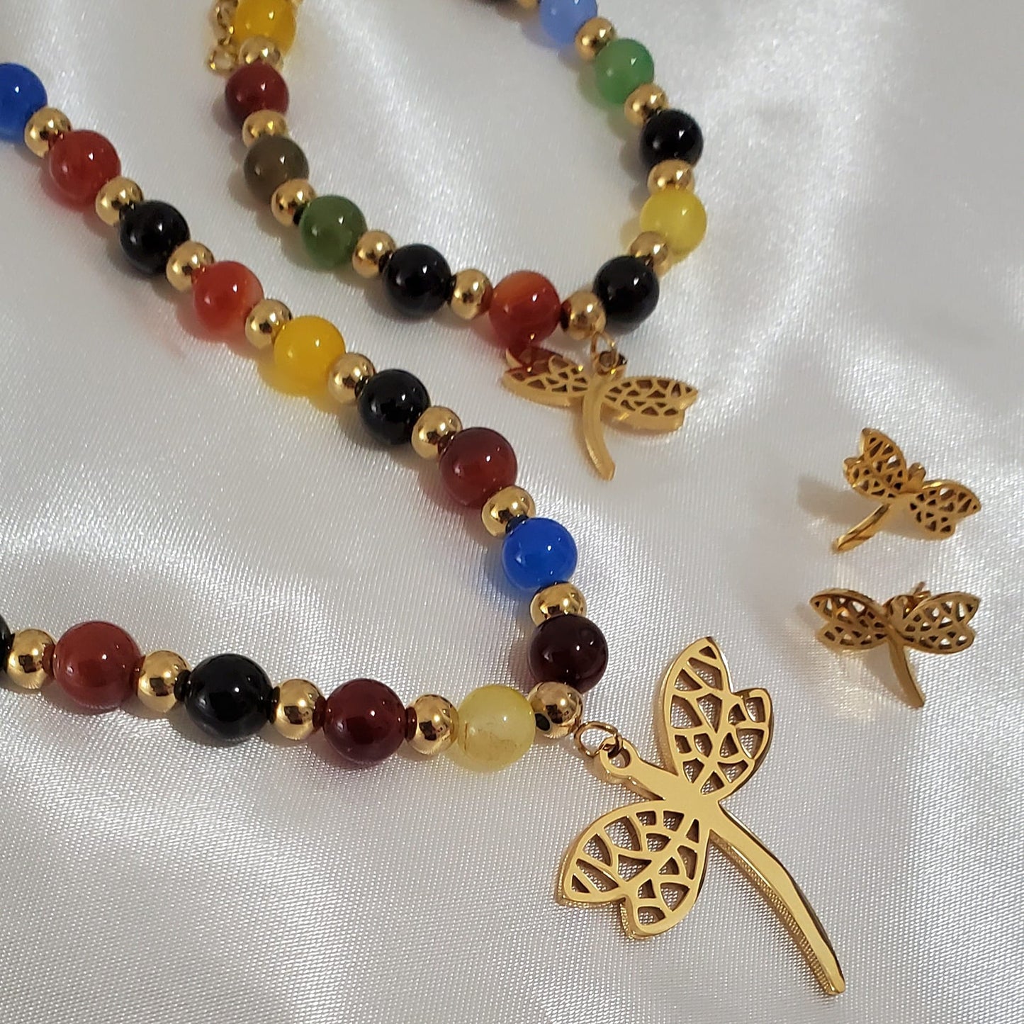 18K Gold Plated Crystal Pearl & Dragonfly Charm Necklace Set | 3pcs Stainless Steel