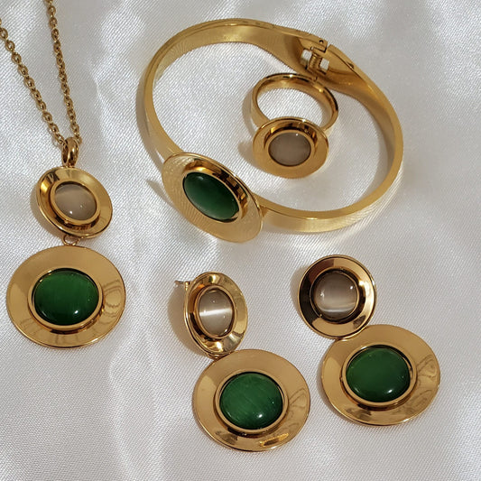 18K Gold Plated Stainless Steel Green & White Pearl 4-Piece Jewelry Set