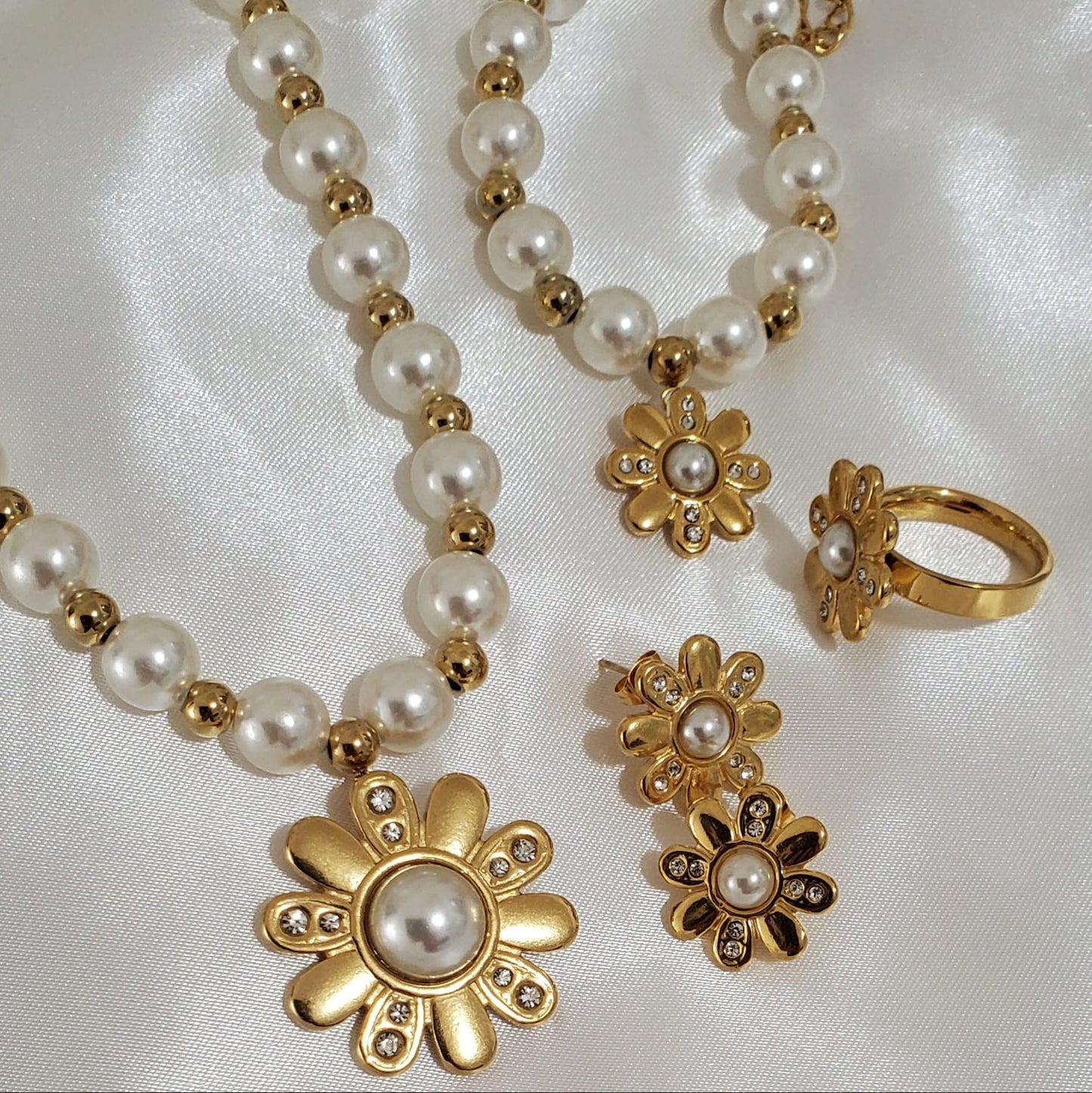 18K Gold Plated White Pearl Jewelry Set | 4pcs Stainless Steel | Flower Charm & Simulated Diamonds