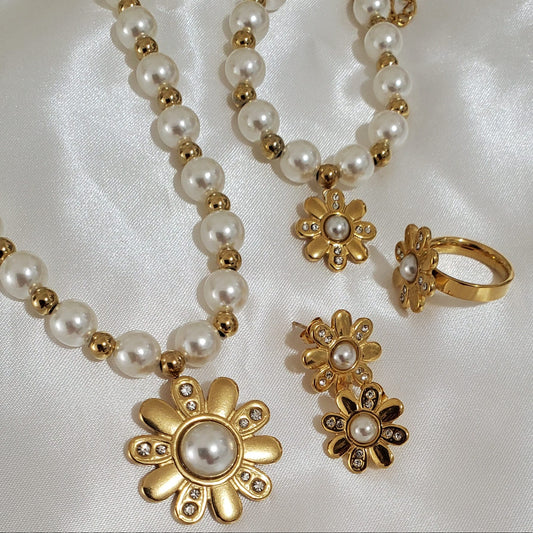 18K Gold Plated White Pearl Jewelry Set | 4pcs Stainless Steel | Flower Charm & Simulated Diamonds