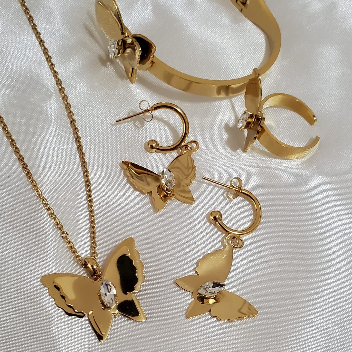 18K Gold Plated Butterfly Cubic Zirconia Jewelry Set | 4pcs Stainless Steel | Necklace, Earrings, Ring & Bracelet