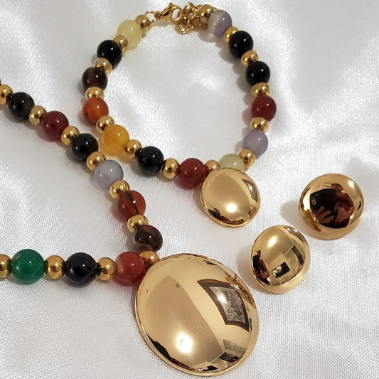 18K Gold Plated Multicolor Semi-Precious Pearl Jewelry Set | 3pcs Stainless Steel | Necklace, Earrings & Bracelet