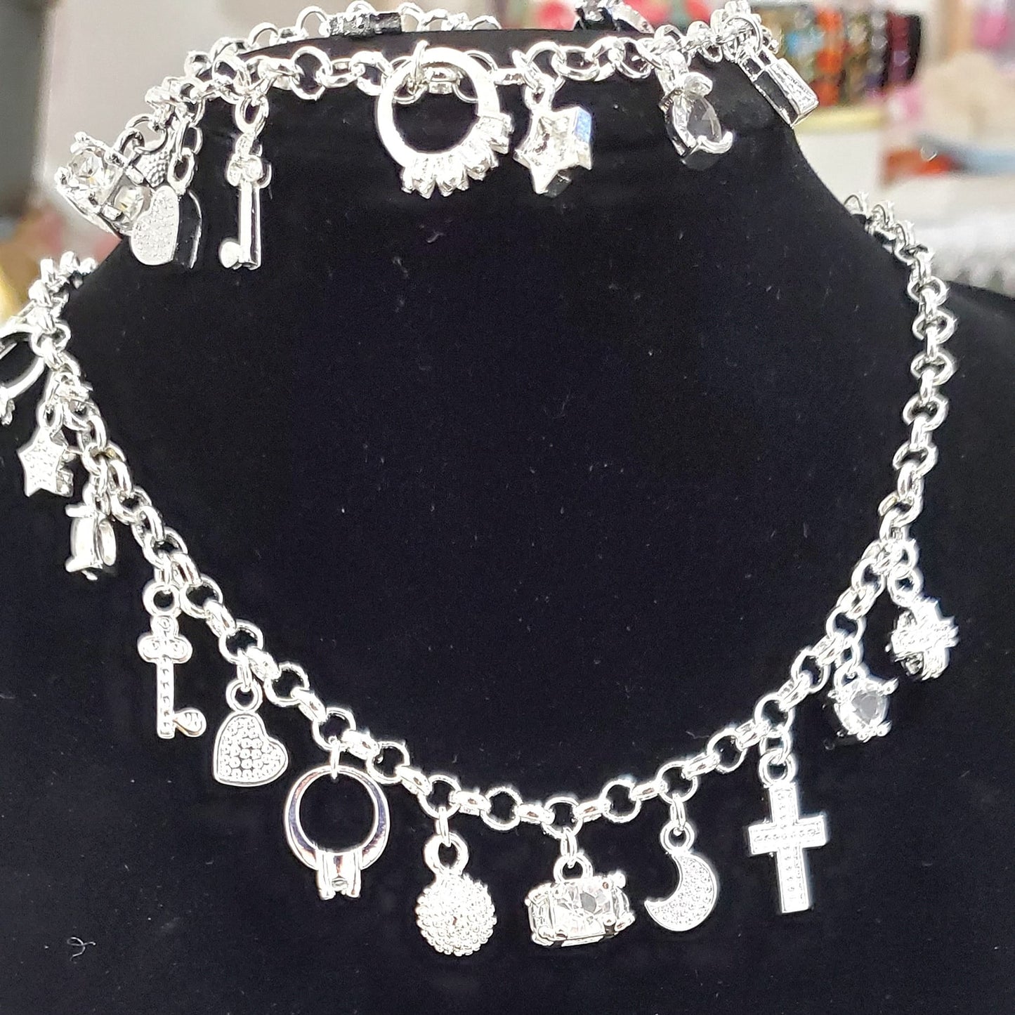 S925 Sterling Silver 12-Charm Mixed 2-Piece Jewelry Set – Necklace & Bracelet