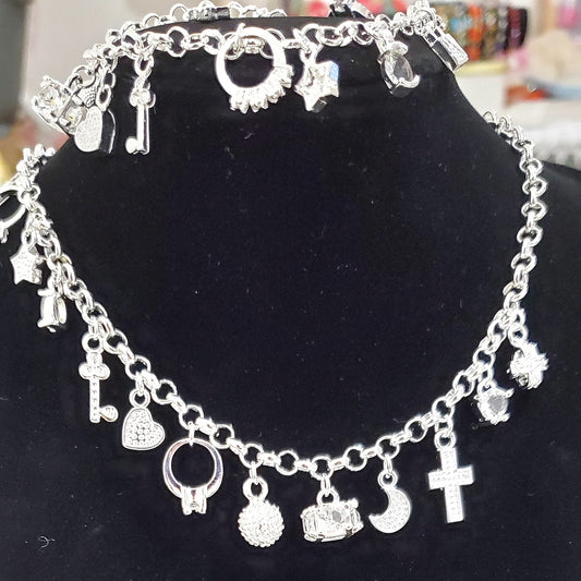 S925 Sterling Silver 12-Charm Mixed 2-Piece Jewelry Set – Necklace & Bracelet