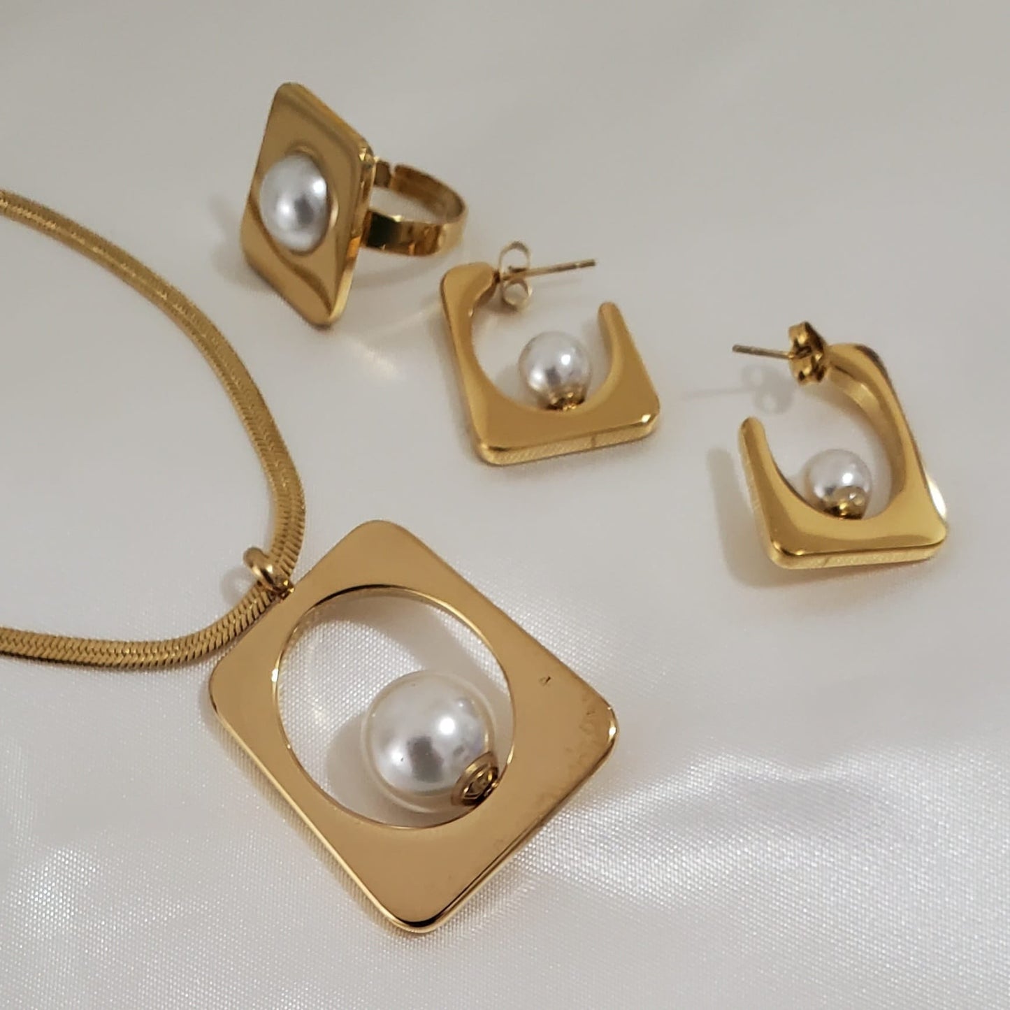 18K Gold Plated Pearl Herringbone Jewelry Set | Necklace 18", Earrings & Adjustable Ring
