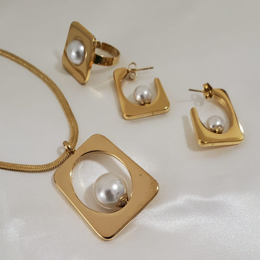 18K Gold Plated Pearl Herringbone Jewelry Set | Necklace 18", Earrings & Adjustable Ring