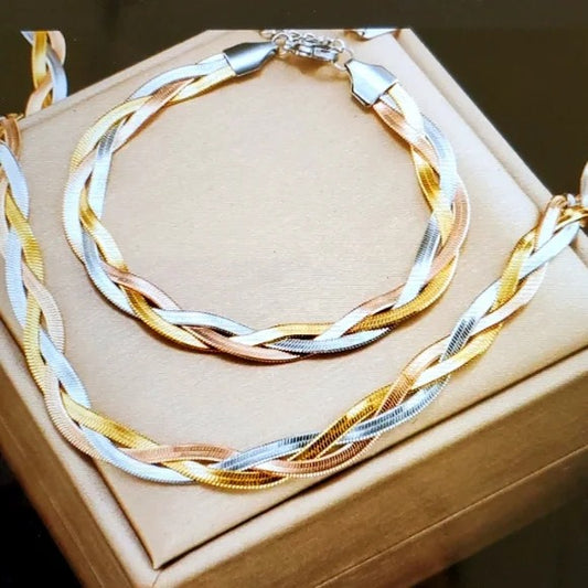 Tri-Tone Stainless Steel 2-Piece Jewelry Set – Gold, Silver & Rose Gold