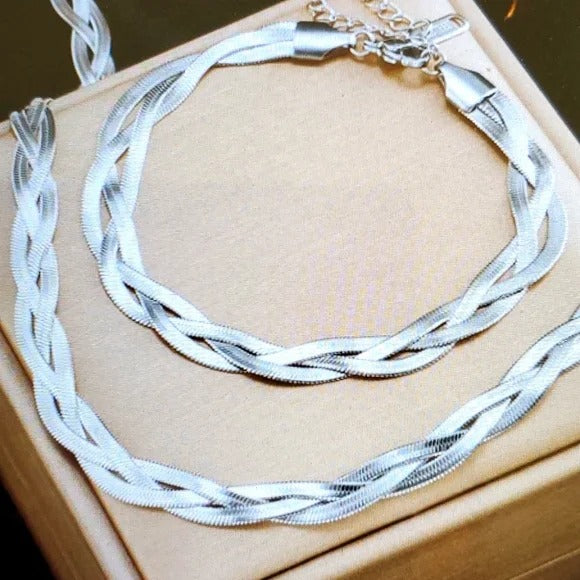 Silver Braided Stainless Steel Jewelry Set | Necklace & Bracelet