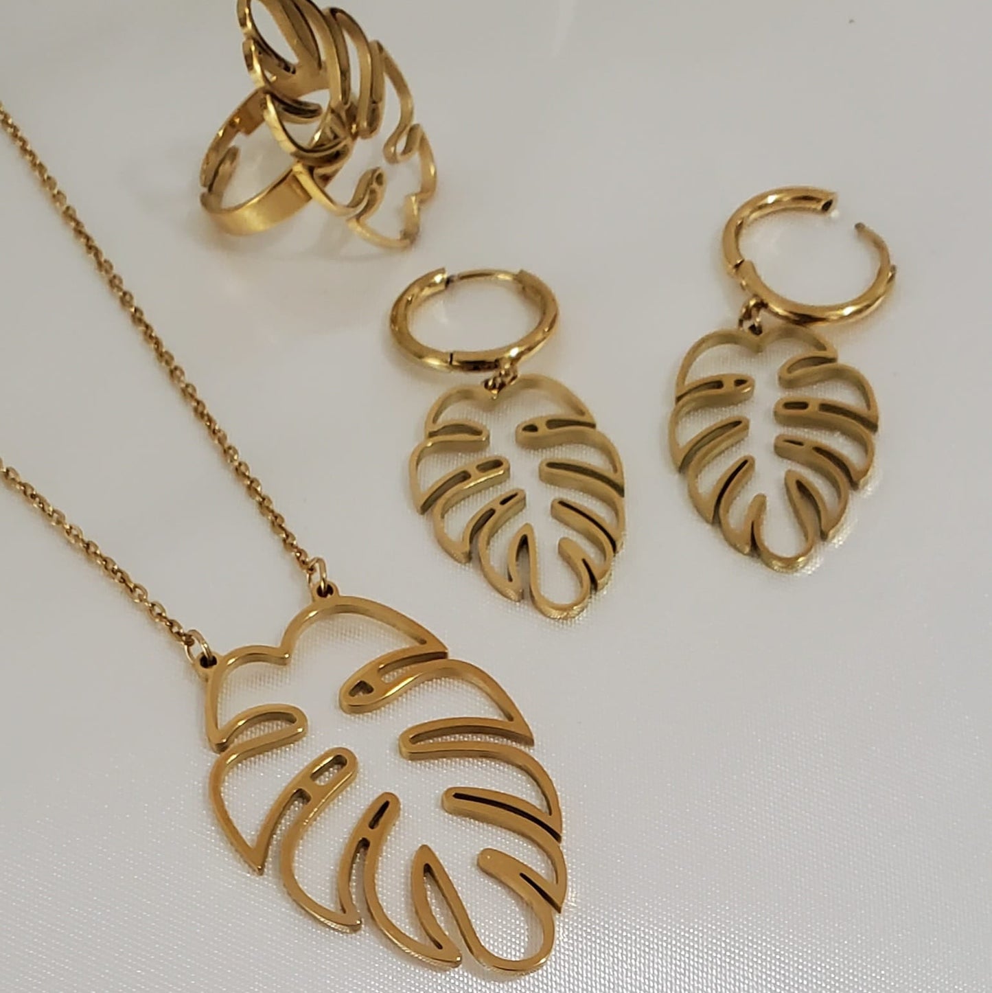 Gold Leaf Jewelry Set | 3pcs Gold Plated Stainless Steel | Necklace, Earrings & Adjustable Ring