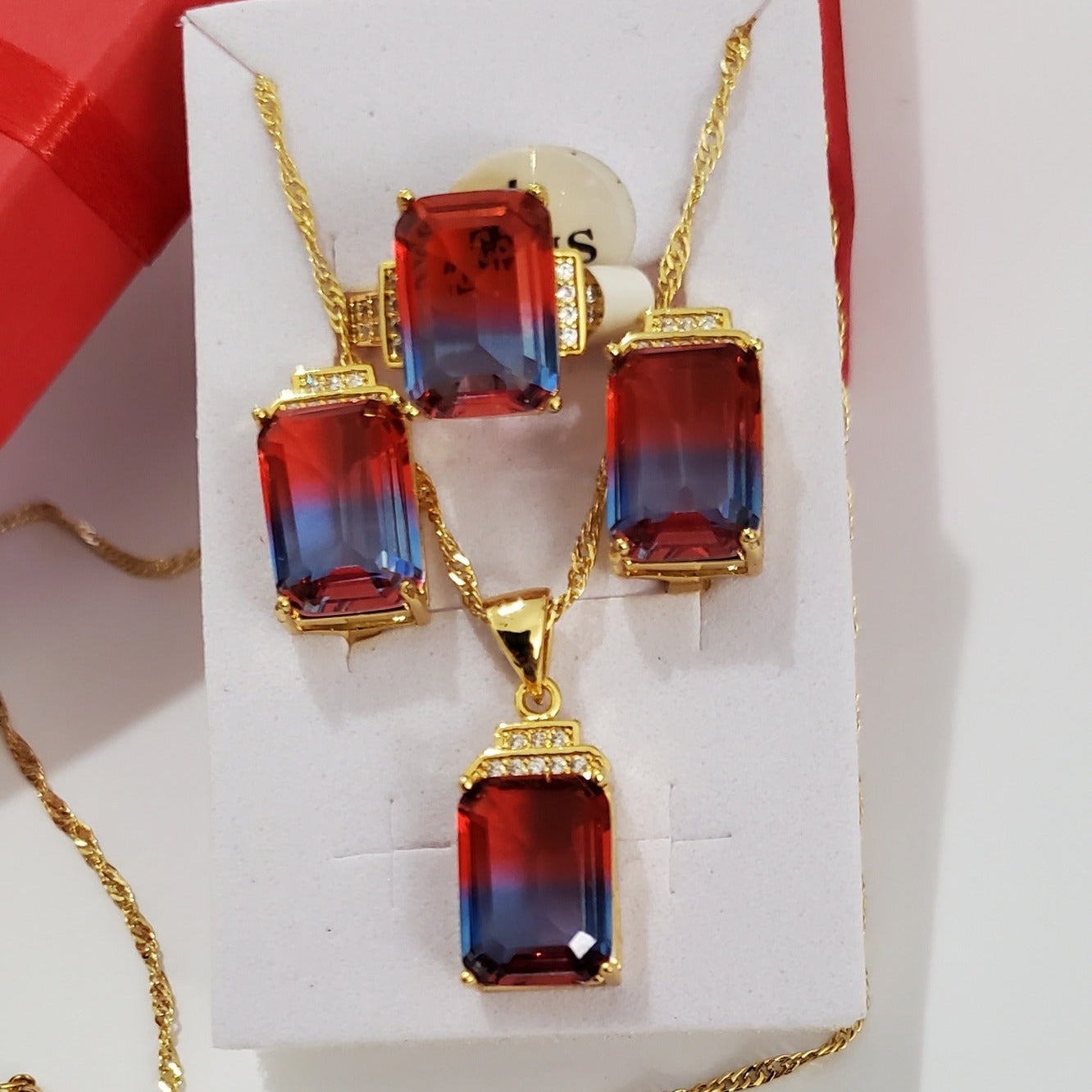 18K Gold Plated Stainless Steel Blue & Red Gradient 3-Piece Jewelry Set