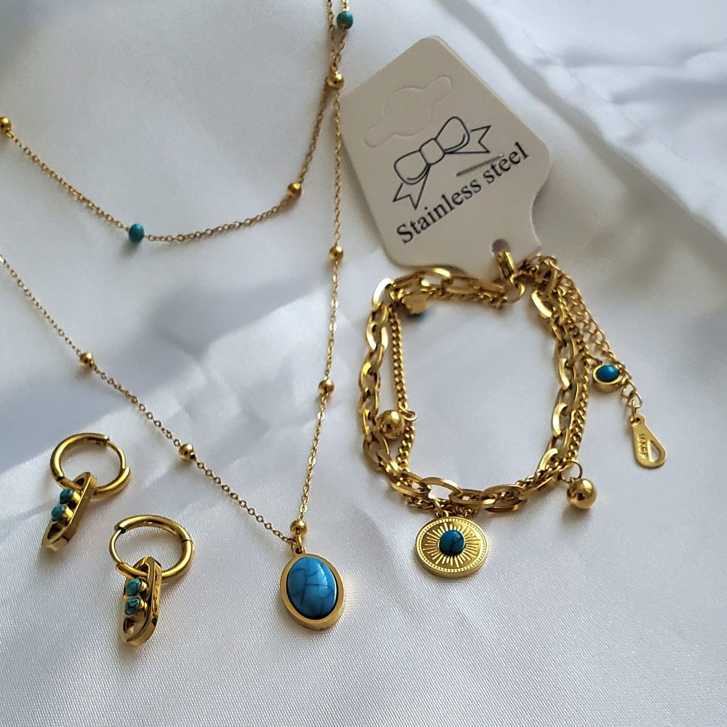 Stainless Steel Turquoise Charm 3-Piece Jewelry Set – Necklace, Earrings & Bracelet