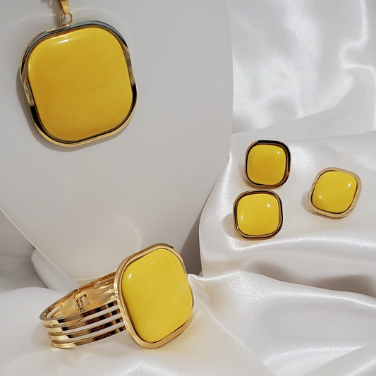 18K Gold Plated Stainless Steel Enamel Jewelry Set – Necklace, Bracelet & Ring | Multiple Colors
