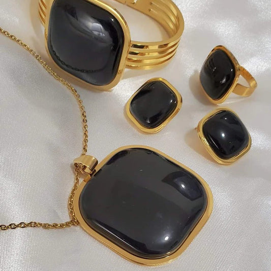 18K Gold Plated Stainless Steel Black & Gold Enamel 4-Piece Jewelry Set