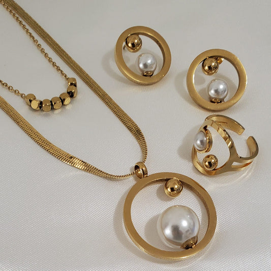 Vintage 18K Gold Plated Blade Chain Ring & Pearl Necklace Jewelry Set