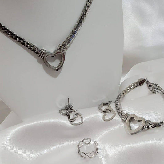 18K Gold Plateds Stainless Steel Cuban Chain Heart Jewelry Set
