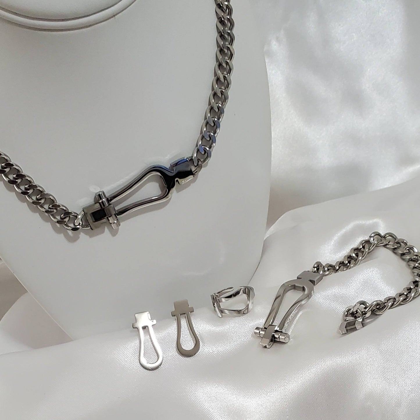 Geometric Vintage Punk Cuban Link Stainless Steel Silver Jewelry Set