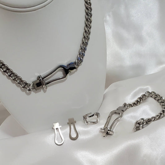 Geometric Vintage Punk Cuban Link Stainless Steel Silver Jewelry Set