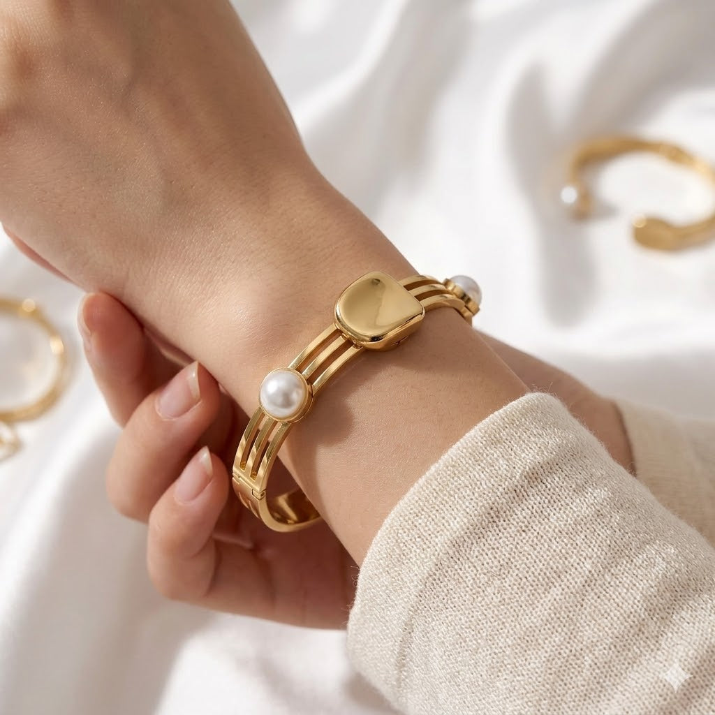 18K Gold Plated White Pearl Bangle Bracelet