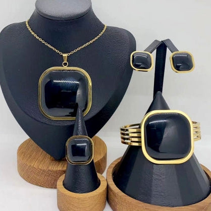 18K Gold Plated Stainless Steel Black & Gold Enamel 4-Piece Jewelry Set