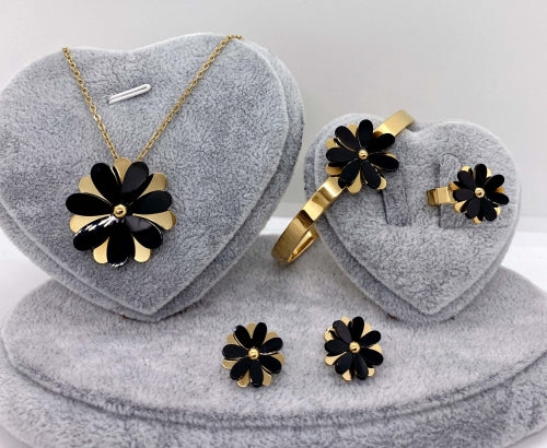 18K Gold Plated Black & Gold Flower 4-Piece Jewelry Set