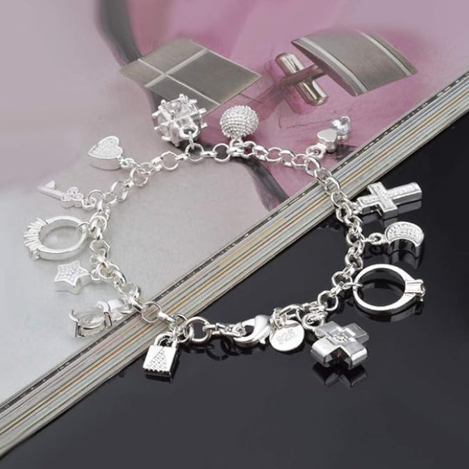 S925 Sterling Silver 12-Charm Mixed 2-Piece Jewelry Set – Necklace & Bracelet
