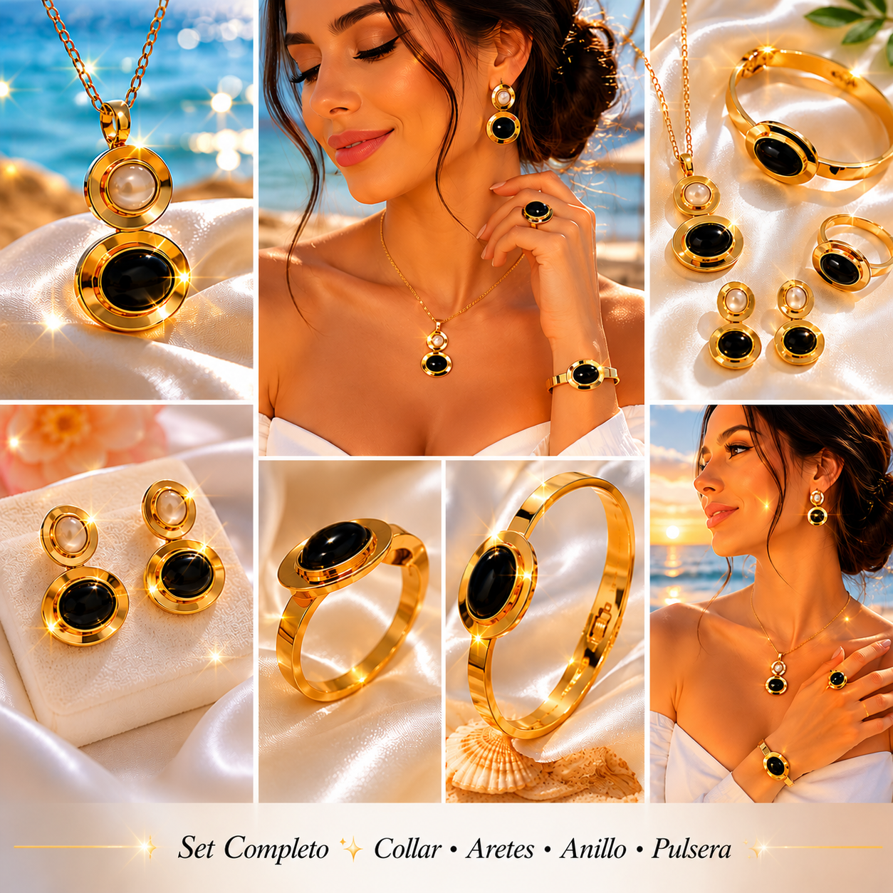 18K Gold Plated Stainless Steel Black & Ivory Pearl 4-Piece Jewelry Set