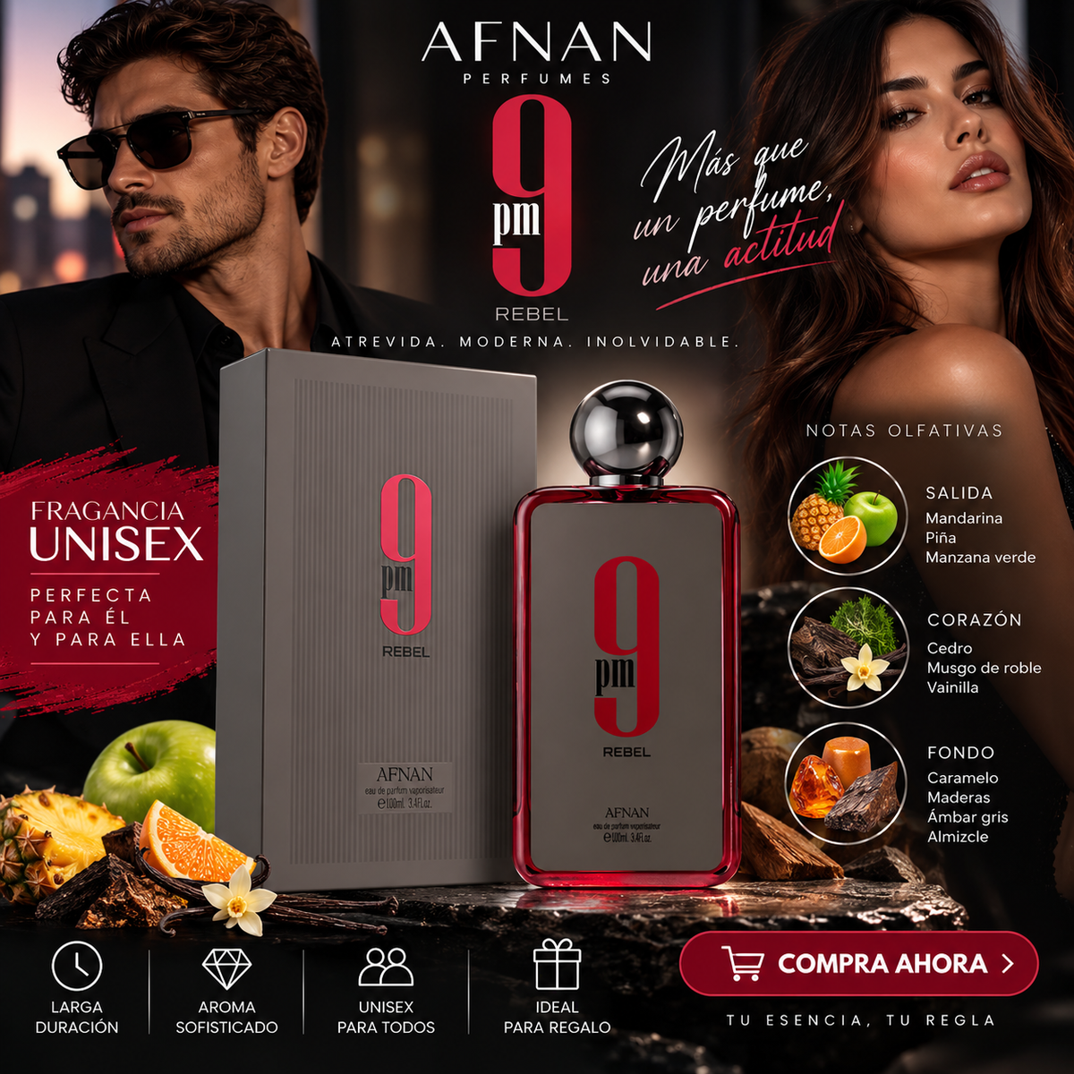 Afnan 9 PM Rebel Eau De Parfum Unisex 3.4 Fl. Oz