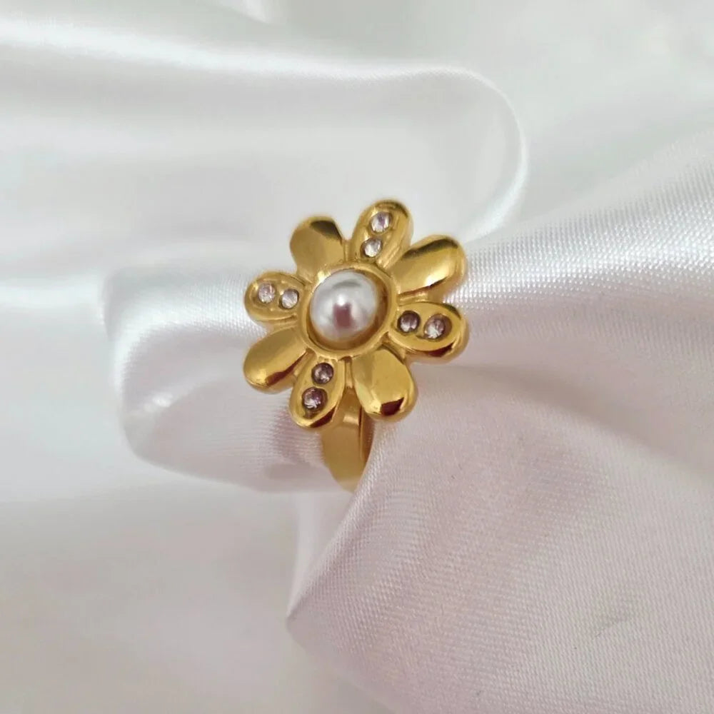 316-L Stainless Steel Gold Plated Pearl and Rhinestone Rings