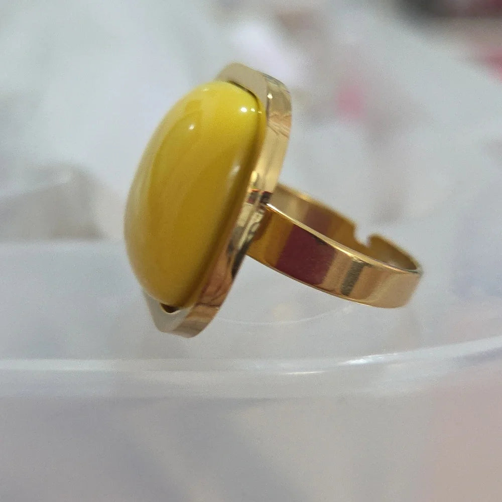 18K Gold Plated Yellow Stone Ring Adjustable Stainless Steel Bold Statement