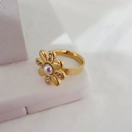 316-L Stainless Steel Gold Plated Pearl and Rhinestone Rings