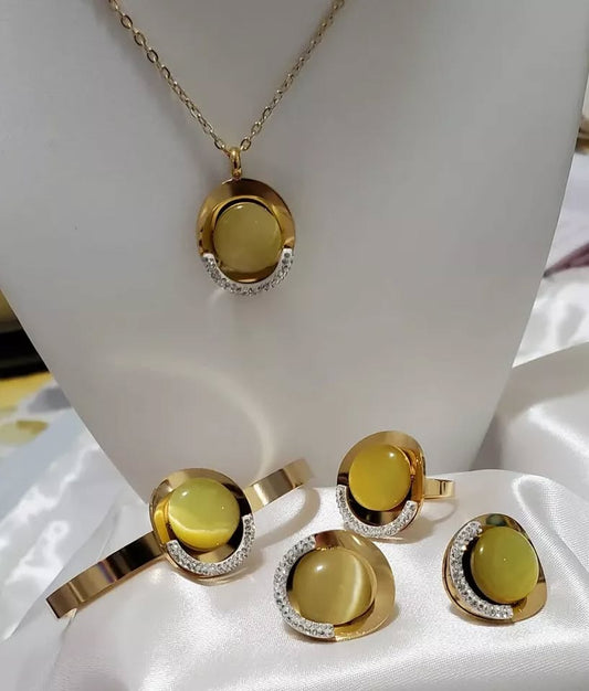 Stainless Steel Yellow Cat Eye Jewelry Set