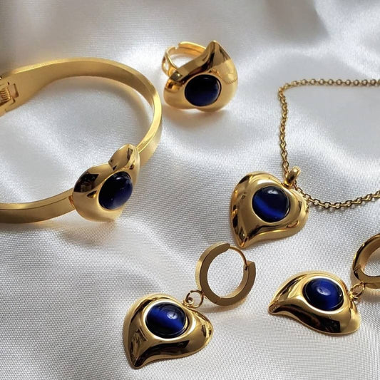 18K Gold Plated Heart Jewelry Set | 4pcs Stainless Steel | Necklace, Earrings, Ring & Bracelet