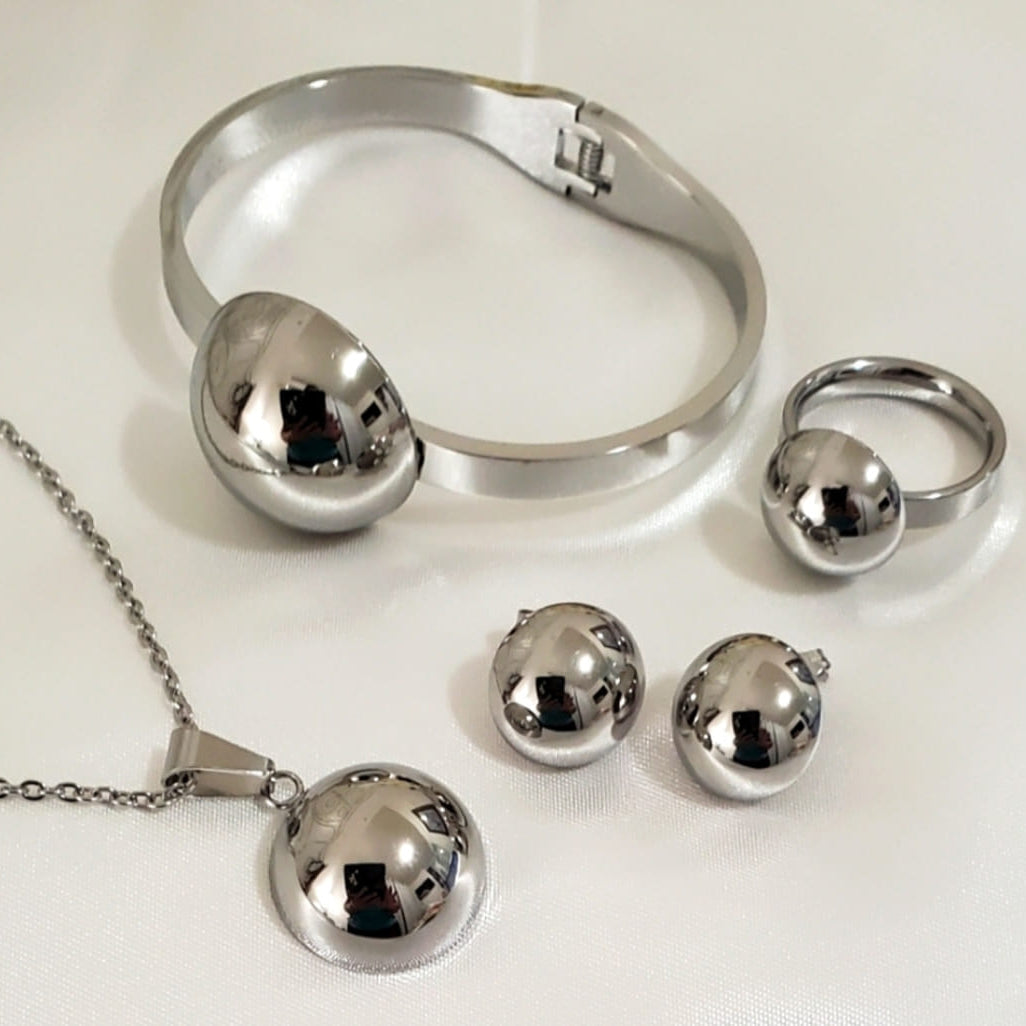 Stainless Steel Silver Ball Jewelry Set – Necklace, Earrings, Ring & Bangle (4 pcs)