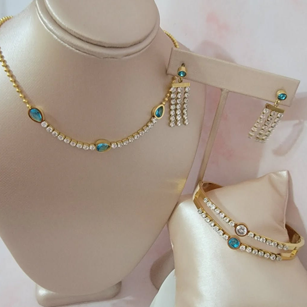 Amanda Sparkly Blue Crystal Jewelry Set | 3pcs Stainless Steel | Necklace, Earrings & Bracelet