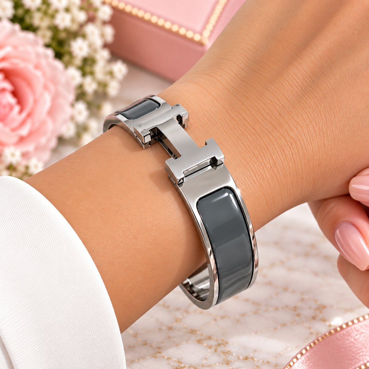 Hermes Style Silver Gray Bracelet